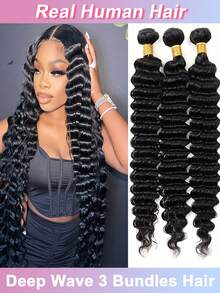 深波浪巴西真人发束，巴西原生快速编织深波浪1/3/4束装，女士专用，自然黑，32英寸 - SNatural - 查看 1