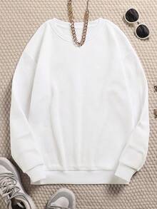 Solid Round Neck Thermal Pullover, Long Sleeve Tops Graduation, Back To School Outfits, Graduation, Teacher Outfits For Women, Back To School Fall Outfit, Long Sleeve Comfortable Cotton Sweatshirt - trắng - Xem 6