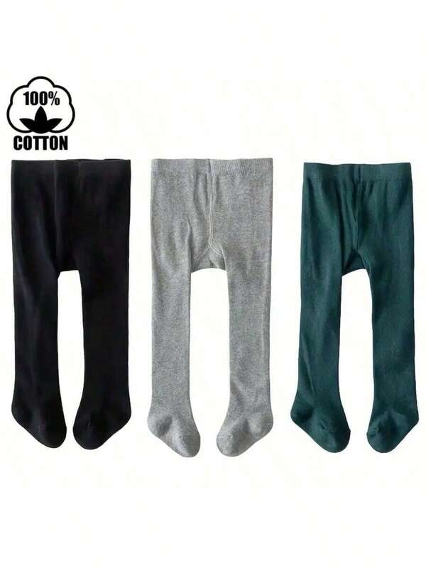 3双纯棉女婴紧身裤，纯色打底裤