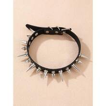 1pc Gothic Punk Rock Spiked Leather Necklace Choker - Black - View 3