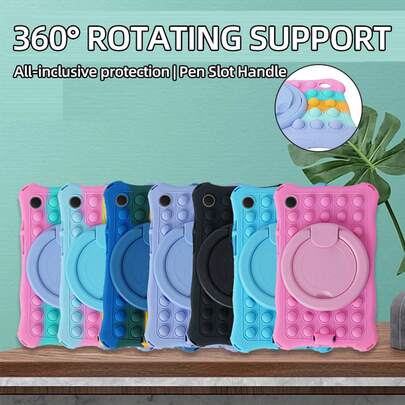 带 360° 手柄支架的平板电脑保护壳，时尚气泡应力缓解保护套，适用于 Tab M11/M10 10.6/10.3/10.1"、M9/M8、Matepad SE 10.4/SE 11、Honor Pad X8a 11"、X9 11.5" 平板电脑，硅胶套