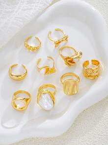 9pcs/Set Fashion Minimalist Elegant Delicate Vintage Design Geometric Strap Asymmetrical Ruffle Texture Faux Pearl Bow Smooth Minimalist Plain Circle Hollow Design Exaggerated Wide Band Ring Set, Suitable For Holiday, Party, Date, Gift, Daily Wear