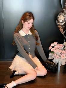 Áo khoác cardigan dệt kim cổ Peter Pan phối màu tương phản dễ thương, tươi mới, thích hợp cho ngày Valentine, dành cho nữ, mùa Đông/Xuân. - Xám - Xem 2