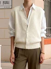 Women's Knit Sweater Vest Fashionable Versatile Solid Color Sleeveless V Neck Button Down Cardigans - Milky - View 3
