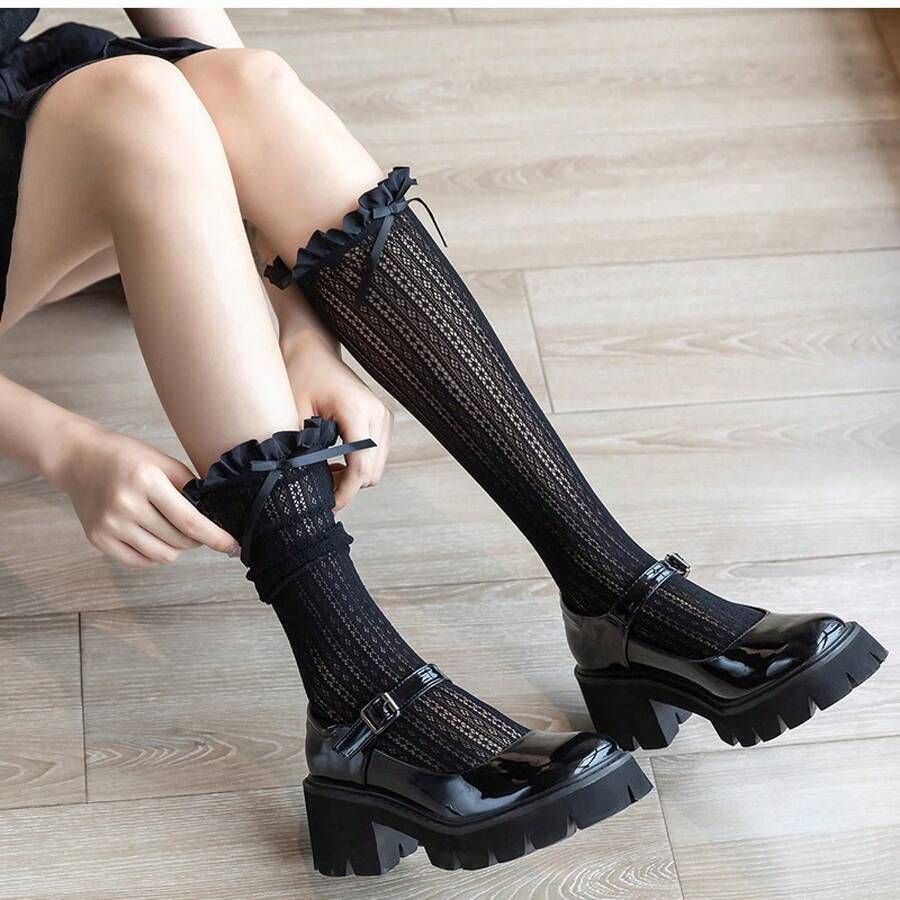 Lace Hollow Out Socks For Women, Mid-Calf Mesh Thin Breathable Mary Jane Bowknot Slouch Socks, JK Summer - Tất bắp chân lưới sọc dọc/Đen - Xem 1
