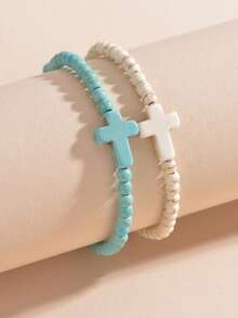 可调节 2 件套友谊手链套装，男女通用波西米亚风手链，带十字架和绿松石珠，是送给好朋友的有意义的情侣礼物 - 彩色 - 查看 2