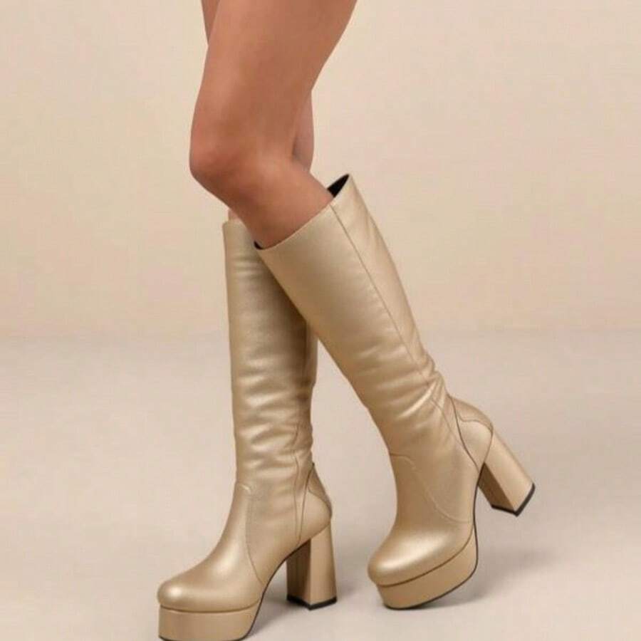 High Heel Platform Knee Boots Women Round Toe Tall Block Heel Long Shaft Retro Style Boot - 金色 - 查看 1