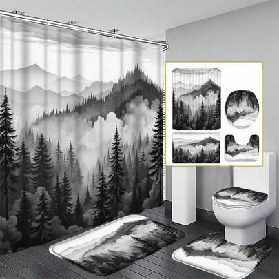 1/4pcs Black & White Misty Forest Shower Curtain, Mountain Landscape Shower Curtain, Men's Bathroom Decor, Rustic Forest Pine Tree Natural Scene Waterproof Shower Curtain Set (With Hooks)