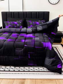 3PCS Fashion Tech-Feel Super Soft And Breathable Thicken Plaid Bedding Set (1 Comforter + 2 Pillowcases, Without Pillow Inserts), Quilted For Comfort And Warmth With Digital Print, Suitable For  In Bedrooms, Dormitories, And Hotels - 彩色 - 查看 4