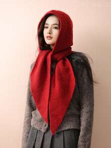 1pc Women Casual Solid Color Cable Knit Textured Warm Windproof Thermal Lined Cute Knitted Hooded Scarf Neck Warmer, Suitable For Dates, Daily Wear, Shopping, Traveling, Matching For Dress