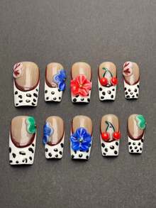 10 مسامير مربعة مضغوطة يدوية، مستوحاة من الألوان البيج والأبيض، مع نقاط بنية، وكرز أحمر، وأزهار ثلاثية الأبعاد ملونة، الطراز رجعي وجميل، والتنسيق اللوني حيوي.