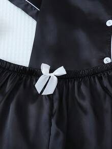 女士两件套缎面短袖领上衣和蝴蝶结条纹短裤睡衣套装，夏季家居服 - 黑色 - 查看 6
