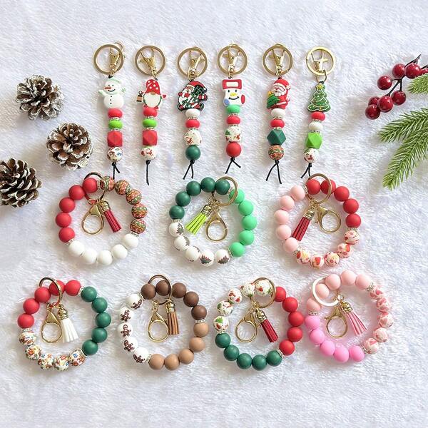 1pc Christmas Santa Beaded Keychain, /Black/Pink Beads, Elastic Wristband & Lobster Clasp, Colorful Beads With Holiday Patterns (Snowflake, Reindeer) - Women's Fashion Accessory, Suitable For Christmas & Thanksgiving Gifts, Christmas Bracelet, Seasonal Gift, Keychain