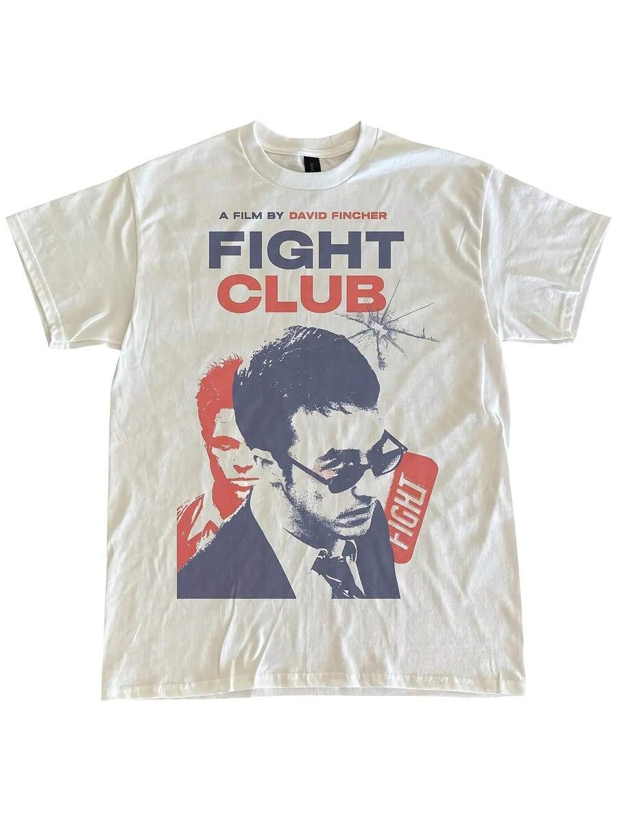 Men'S Vintage Fight Club Movie Graphic T-Shirt - David Fincher Film Design With Red Text - Retro 90s Cinema Tee - White Crewneck Shirt For Fight Club Fans & Movie Nights - KV38288, Casual Wear, Bold Print, Comfortable Fabric, Pop Culture Apparel, Casual Wearers, Vtg Style Fight Club Movie Retro Short Sleeve, Classic Shirt - trắng - Xem 1