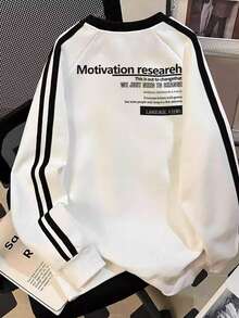 休闲条纹长袖套头卫衣，舒适宽松的款式，适合女性和学生，白色，春季款 - 白色 - 查看 5