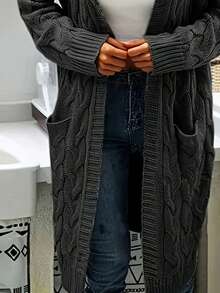 Long Hooded Cable Knit Cardigan For Women With Pockets Casual Elegant Knitted Fabric Sweater - 黑色 - 查看 4