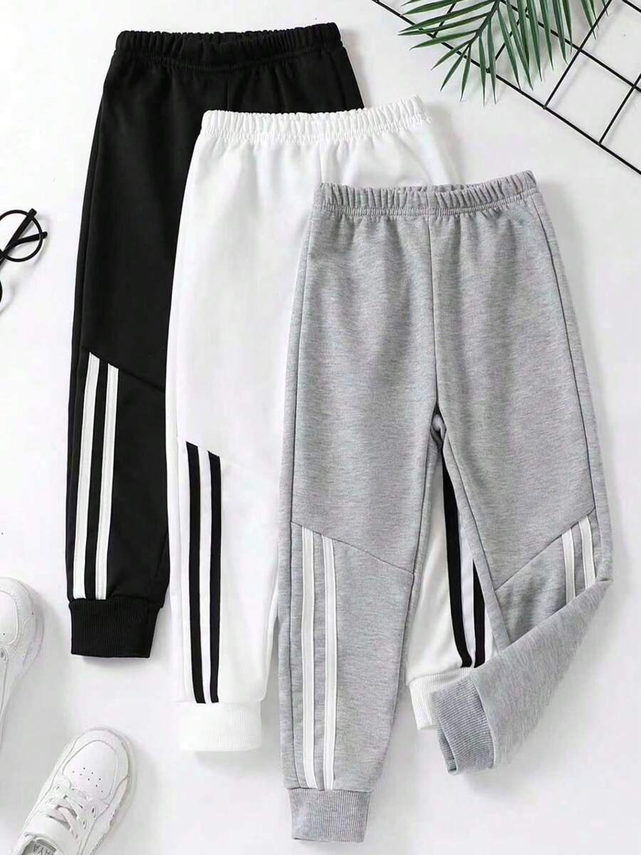 3pcs/Set Boys' Elastic Waist Striped Straight Leg Casual Pants