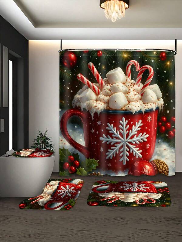 1/4pcs Christmas Romantic Cozy Bathroom Set Includes Shower Curtain, Non-Slip Mat, Toilet Seat Cover, Toilet U-Shaped Mat, Bathroom Decor