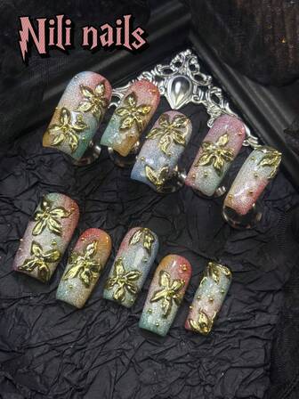 10pcs Handmade Cute Fully Covered Fake Nail Sets, Square Nails Blue&Red&Orange&Green Multi-Color Tie Dye Nails Classic Cat Eye Design 3D Hand Drawn Metal Flower Design&Small Steel Ball Design Suitable For New Year&Party Daily Use With 1 Mini Nail File And 1 Double-Sided Adhesive Label