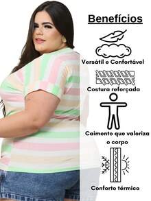 Blusa Listrada Feminina Manga Japonesa Plus Size Elegante Confortável - Verde Menta/Amarelo/Rosa - Visão 5