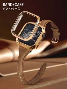 Correa de reloj de cuero genuino para mujer, se ajusta a 38/40/41mm, 42/44/45/46/49mm, diseño delgado y de moda para señoritas, compatible con SE/S10/S9/S8/S7/S6/S5/S4/S3/S2/S1, correa ajustable ultra delgada y suave, correa marrón con caja de oro rosa, 2 en 1 protector de reloj y correa - Marrón - Ver 3