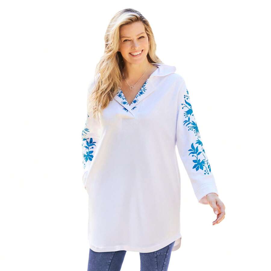 Woman Within Plus Size Embroidered Hoodie Sweatshirt - 白色刺繡 - 查看 1