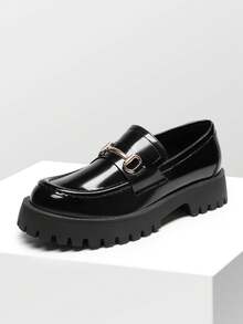 Women Loafers Platform Chunky Heel British Preppy Style Classic Versatile Thick Sole Casual Slip-On Loafers Shoes For Daily Commute - 黑色 - 查看 6