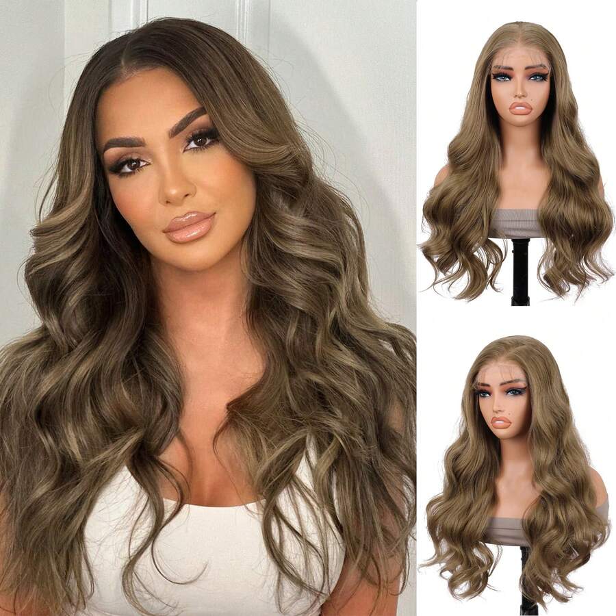 Tóc giả ren phía trước 13x4, tóc giả ren phía trước màu đen tự nhiên kiểu sóng nước, tóc giả ren phía trước tổng hợp Yaki đã được tỉa sẵn, dài 28 inch.