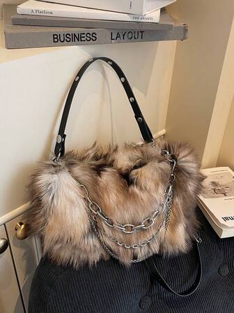 1pc Women's Coffee Ombre Dotted Faux Fur Shoulder Bag With Chain, Fashionable For Autumn/Winter