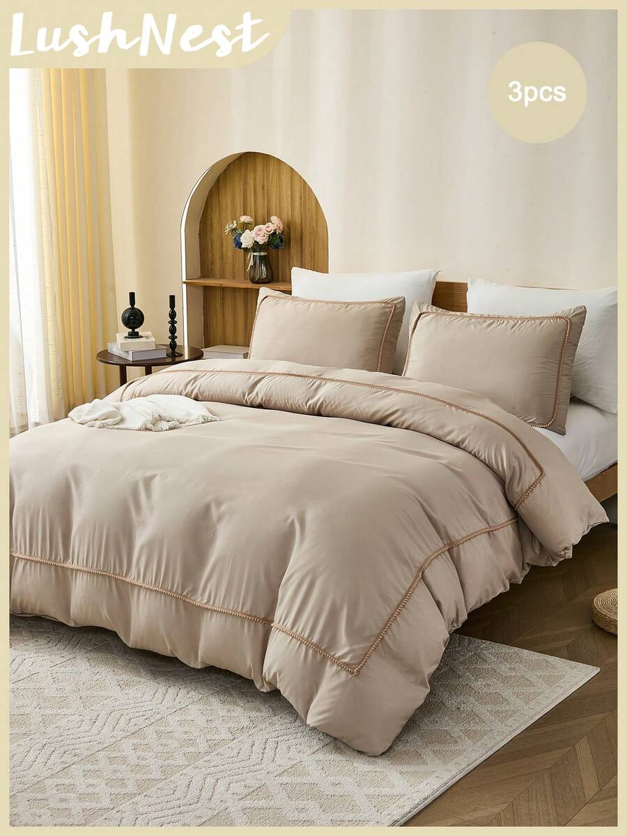 Bộ ga trải giường 3 món có tua rua bông xù (1 ga trải giường + 2 vỏ gối, không bao gồm chăn bông), bộ đồ giường màu xám cổ điển sang trọng, chất liệu polyester mềm mại, thoáng khí, nhẹ, trang trí phòng ký túc xá, phù hợp với nhiều kích cỡ giường.