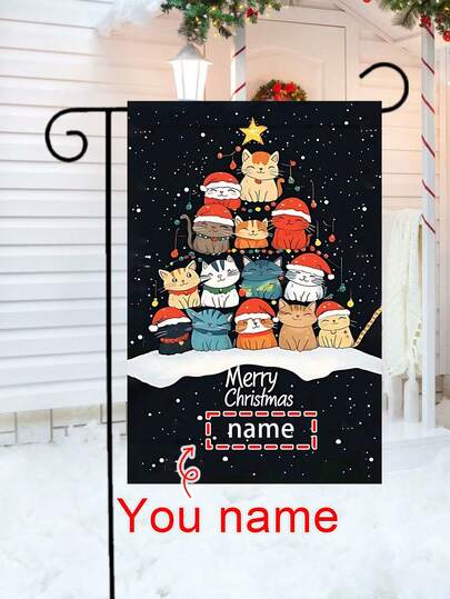 1pc Personalized Cat Christmas Tree Garden Flag - Customizable With Your Name, Cat Design, Durable Polyester, Black Background With "Merry Christmas" Text, Suitable For Porch, Lawn, Christmas (Flagpole Not Included)