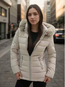 Jachetă de damă cu glugă și mânecă lungă, casual, blană artificială, buzunare cu fermoar, lungime normală, imprimeu integral, haină de iarnă călduroasă