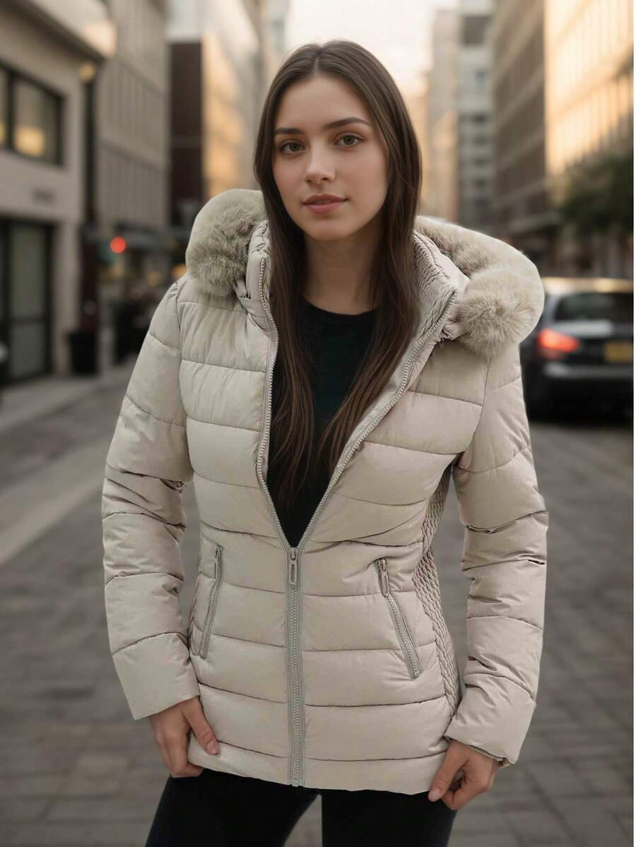 Jachetă de damă cu glugă și mânecă lungă, casual, blană artificială, buzunare cu fermoar, lungime normală, imprimeu integral, haină de iarnă călduroasă