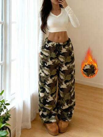 Vintage Loose Fit Fleece Camouflage Pants For Women, Casual Homewear, Winter, Fluffy, Cozy