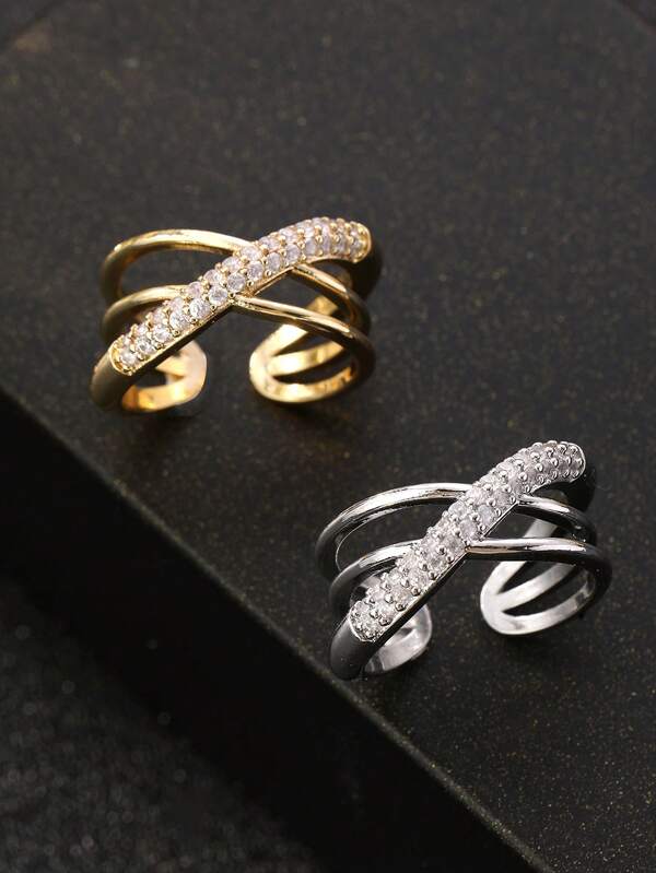 1 Stück 3-lagiger Kreuzring für Frauen, vollständiges Diamantdesign, eingelegt mit super glänzendem kubischen Zirkonia, verstellbarer offener Ring, Verlobungsring, Hochzeitsring, Halloween Schmuck, Weihnachtsgeschenk, Saudi-Nationalfeiertag Geschenk