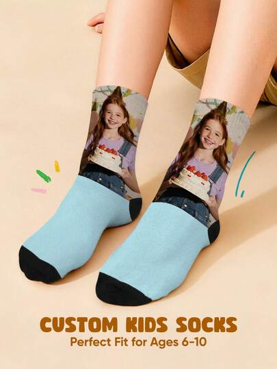 1 Pair Customizable Children's Socks - Personalized With Your Photo, Colorful And Fun Socks For Boys And Girls, Suitable For 6-10 Years Old, Soft And Comfortable Material With Elastic Cuffs, Perfect For Everyday Wear