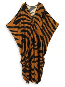 Women's Fashion Zebra Print V-Neck Batwing Sleeve Long Robe, With Slit Design, Woven Fabric, Elegant Kaftan Robe Vacation Spring - Brown - View 4