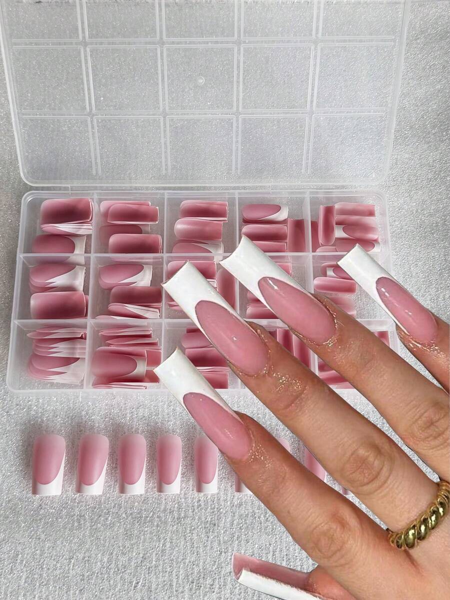 150片法式深V美甲贴纸，法式美甲专用长方形粉色三合一美甲贴，持久耐用，适合DIY美甲，15种尺寸美甲用品 - 粉色 - 查看 1