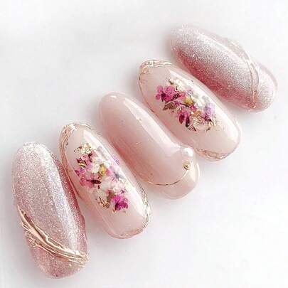 Summer Pink Almond Nail Art Stickers, 3D Floral Rhinestone Nail Decals, 14pcs Nail Art Decorations