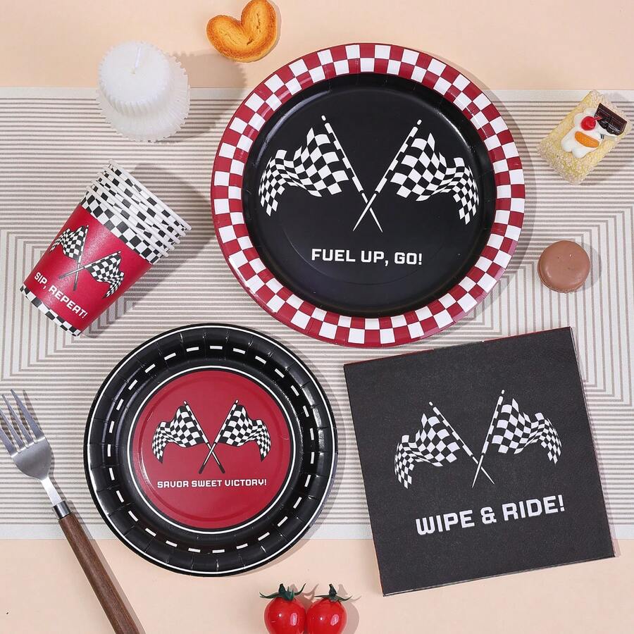 10/20/50 chiếc, Đồ trang trí tiệc sinh nhật hình xe đua, Đồ dùng tiệc cờ ca rô, Đĩa đua, Khăn ăn và cốc, Đĩa tráng miệng hình cờ ca rô đen, Bộ đồ ăn đua xe cho tiệc sinh nhật bé trai, Đồ trang trí tiệc tại nhà - Nhiều màu - Xem 1