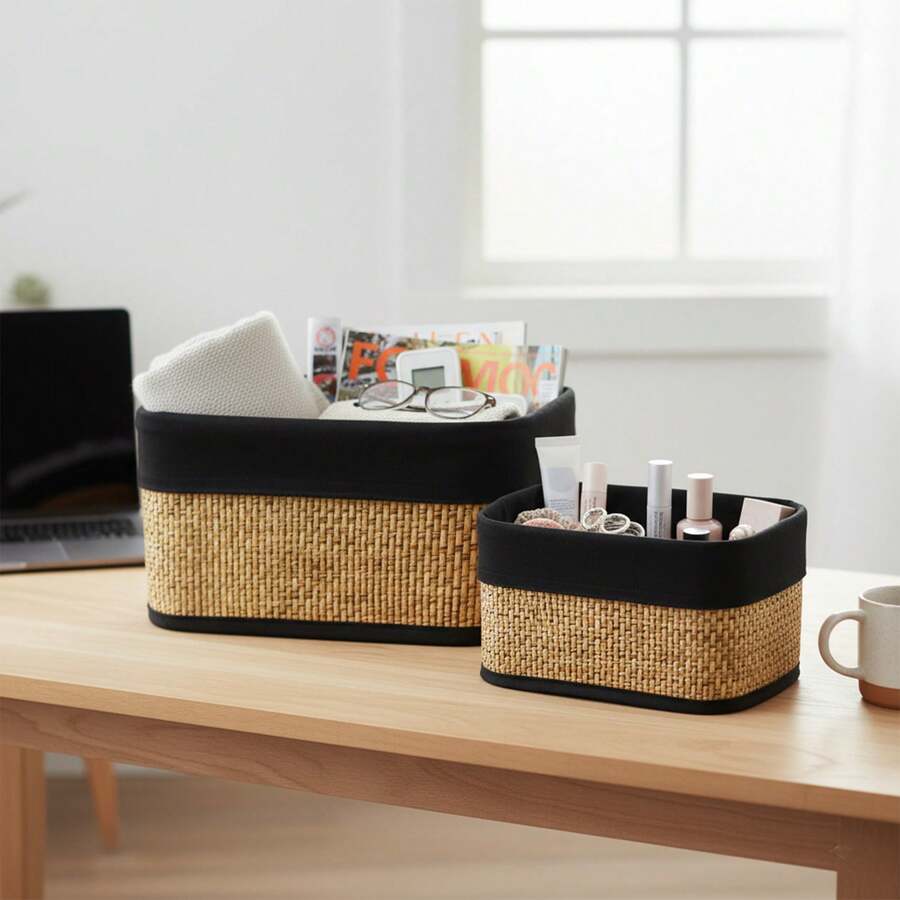 Cesta de almacenamiento de bambú fina, caja decorativa para juguetes infantiles, cesto para mantas, ropa y toallas, color blanco y negro, disponible en tres tamaños: 20 x 14 x 11 cm, 22 x 17 x 12 cm y 26 x 20 x 14 cm.