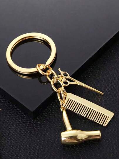 Llavero con forma de accesorio de peluquería en color dorado, incluyendo tijeras, secador de pelo, peine. Accesorio para bolso, coche, escuela, gótico, cabello, viaje, productos para el cabello, herramientas para el cabello, artículos para el cabello, barbero, accesorios de barbería, barbería, equipo de peluquería