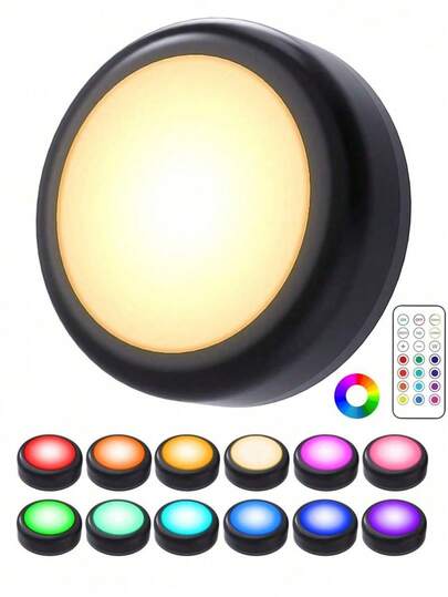 13 Color Changing LED Puck Lights, Battery Powered, Dimmable Under Cabinet Lighting, Push Light Battery Operated Night Light, With 1 Wireless Remote Control, Suitable For Cabinet, Shelf, Wardrobe, Display Box