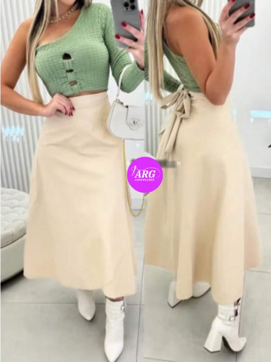 Wrap Skirt In Leatherette With Elastane - Beige - View 1