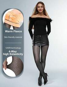 Fleece Lined Sheer Warm Pantyhose Leggings Translucent Thermal Winter Thick Tights Dresses, Women's Style 5FUO - 亮黑色 - 查看 5