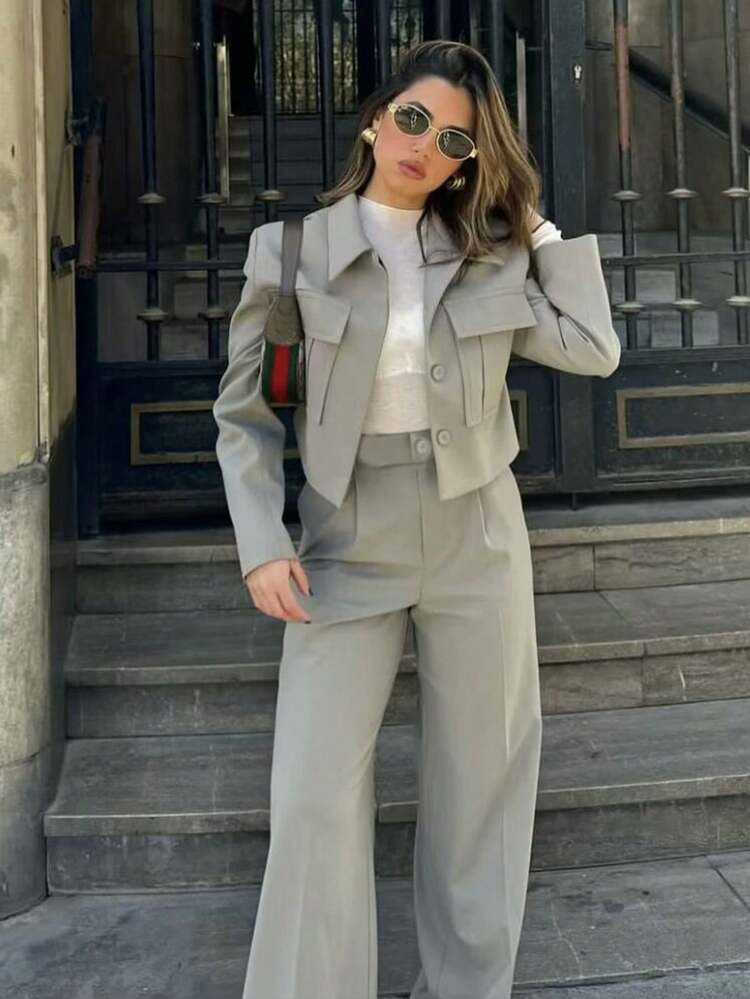 Completo casual da donna primavera estate 2025, stile moda casual, giacca corta con tasche e colletto alla coreana, pantaloni cargo larghi alla moda - Menta Verde - Visualizzare 9