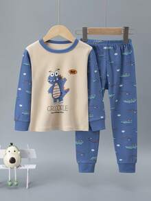 2pcs/Set Boys' Cotton Dinosaur Print Long Sleeve Pajama Set, Cute Cartoon Print Sleepwear Suit