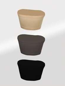 3 件套女士吊带背心文胸（杏色、黑色、灰色），无肩带露背文胸，褶皱设计，柔软舒适的可拆卸垫 - 彩色 - 查看 2