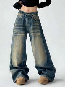 Vintage Washed Black Straight Leg Jeans For Teen GirlCasual Wide Leg Pants - Blue - View 5
