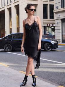 Women's Autumn Versatile Spaghetti Strap Sexy V-Neck Open Slit Satin Lace Asymmetric Hem Dress - Black - View 5